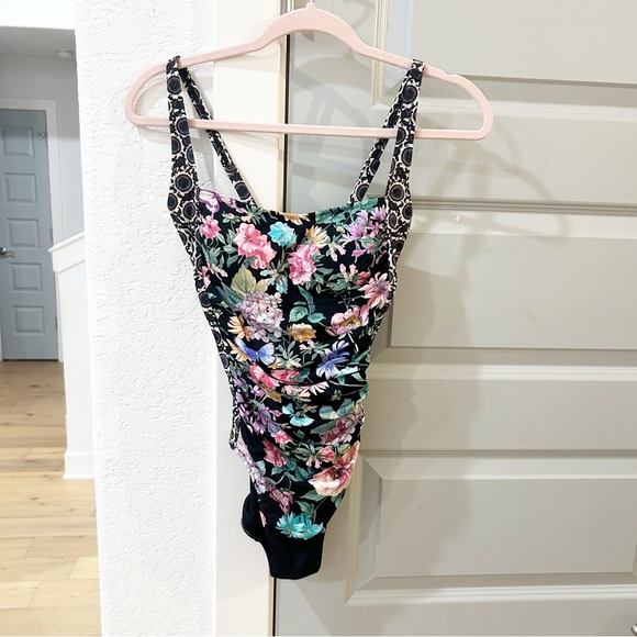 NWT Johnny Was Black Butterfly Floral Ruched One Piece Swimsuit - Picture 2 of 4